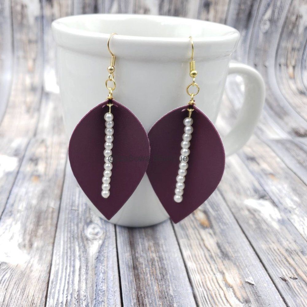 Maroon & Pearl Drop Leaf beaded Charm Faux Leather Earring ER1659 Handmade
